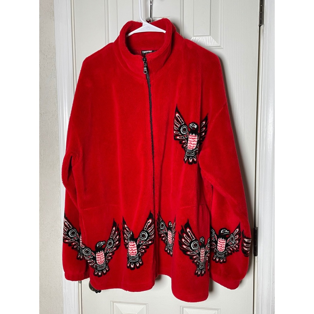 Teepee Red Fleece Jacket Pacific Northwest Eagle Print Full Zip Mock Neck Large